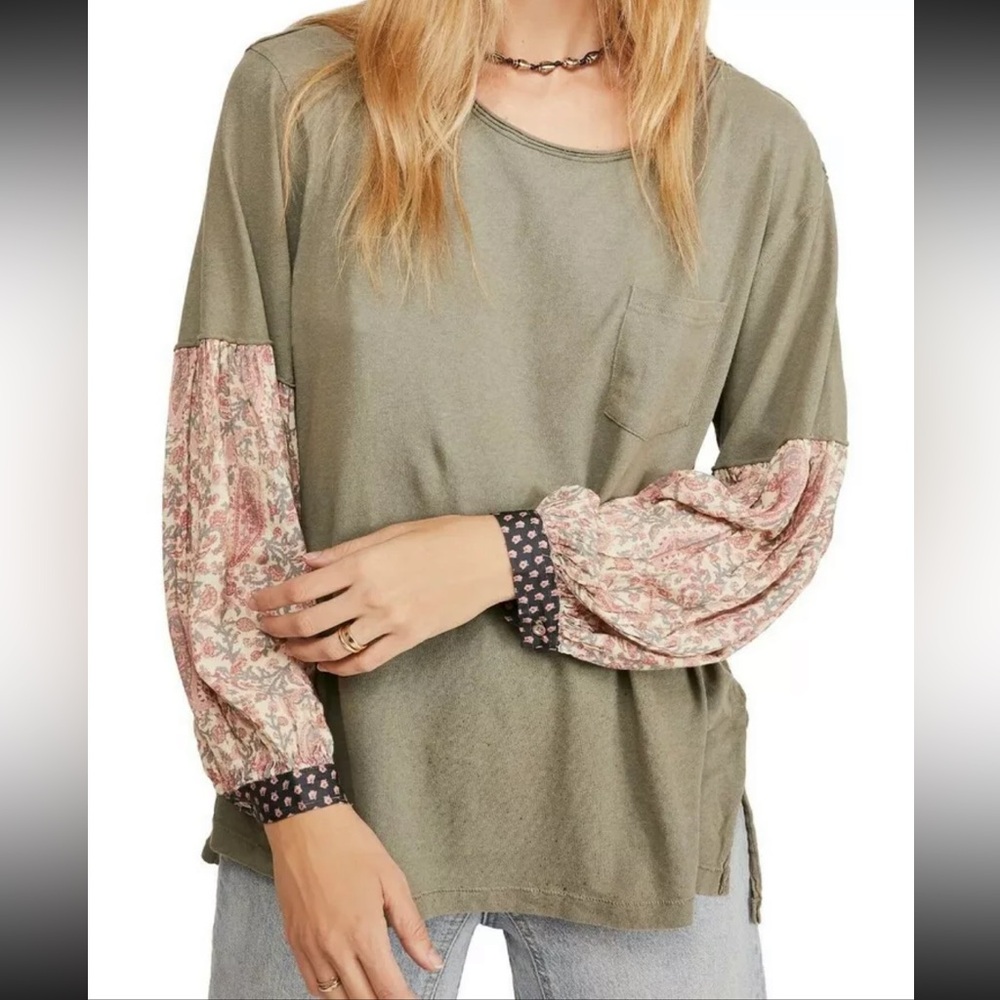 Free People We The Free Jade Long Sleeve Blouse with Contrast Sleeves XS